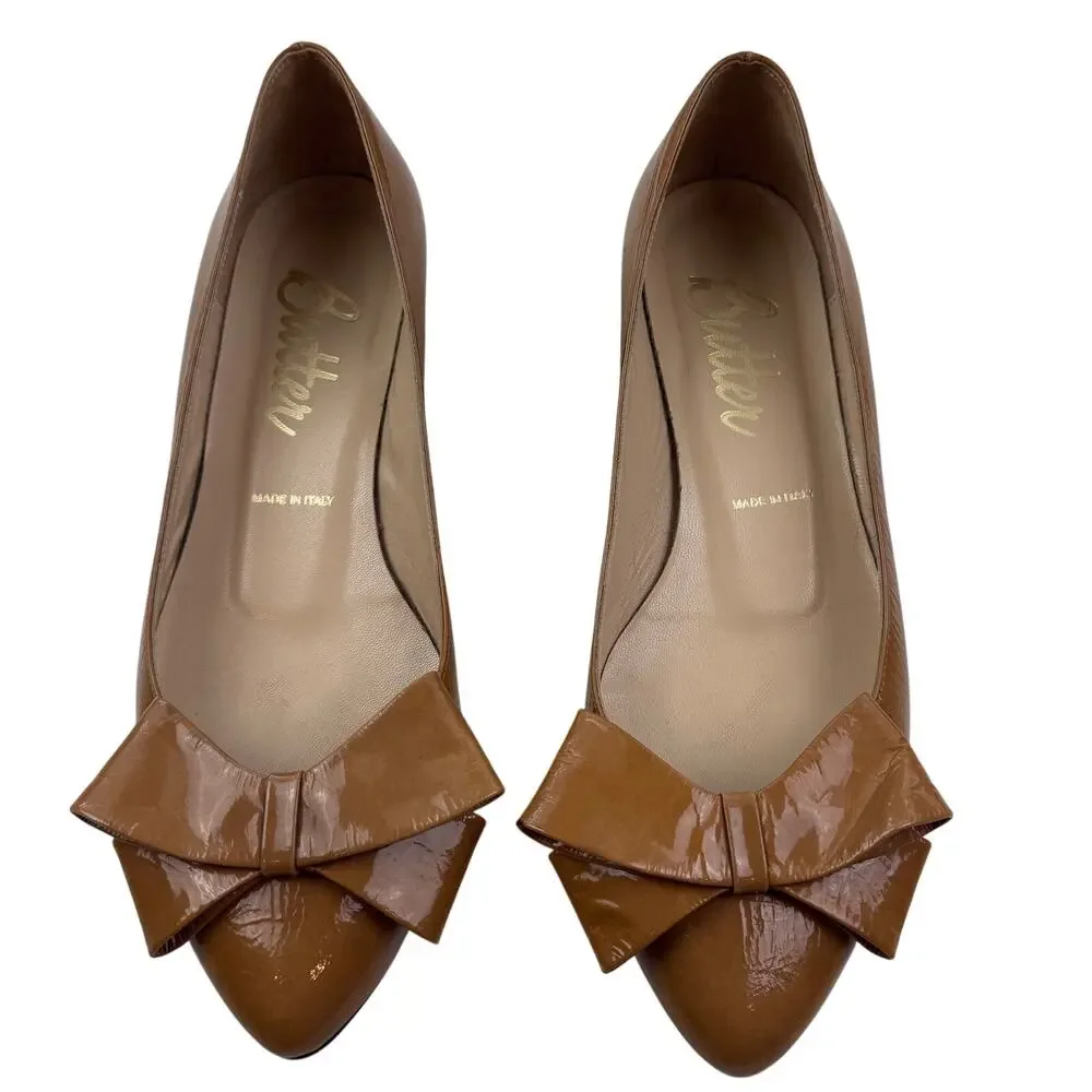 Butter Made In Italy Bow Detail Preppy Dressy Caramel Patent Shoes Women's 7